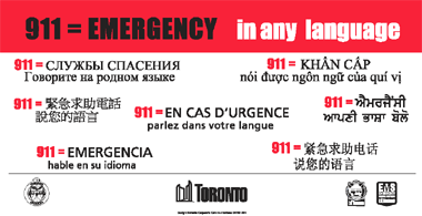 Image of language translations with the message: 911=EMERGENCY in any language - click for more information
